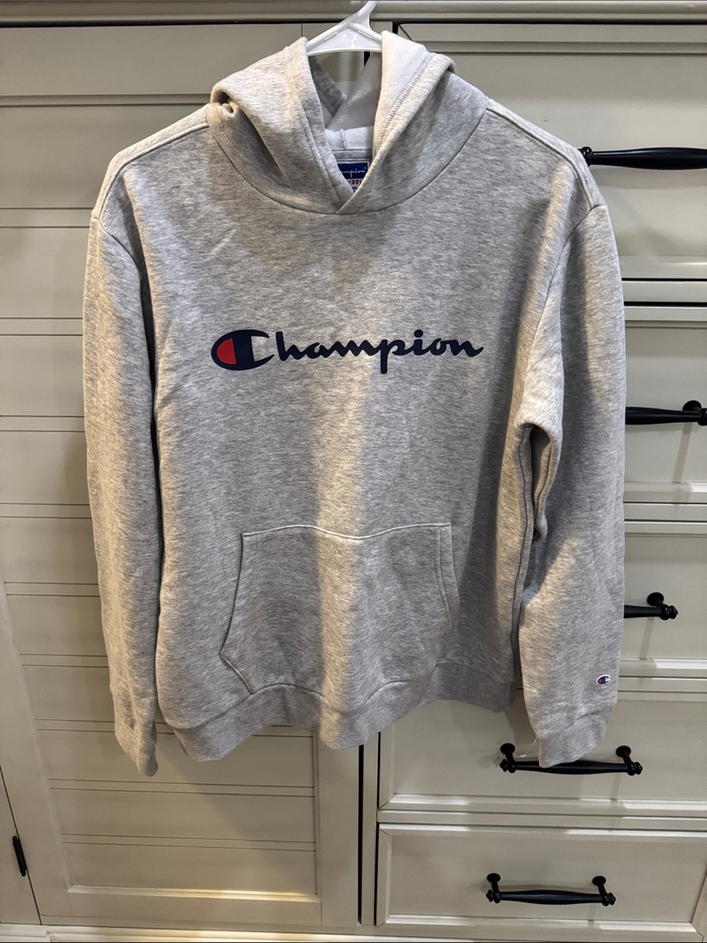 NWOT- KIDS 18/20 Champion Light Gray Logo Crewneck Hoodie with Navy & Red Accent